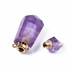 Amethyst Faceted Natural Amethyst Pendants, Openable Perfume Bottle, with Golden Tone Brass Findings, Hexagon, 40~41.5x15x13.5mm, Hole: 1.8mm, Bottle Capacity: 1ml(0.034 fl. oz)