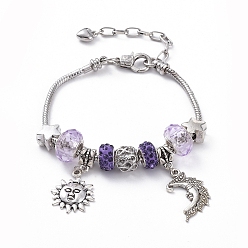 Lila Messing europäische Armbänder, mit Fimo-Perlen Strass, Glasperlen europäischen, Legierung europäische Perlen und Anhänger, Sonne & Mond, lila, 8-1/8 Zoll (20.5 cm)