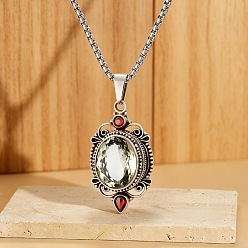 Antique Silver Alloy Glass Hollow Oval Pendant Necklaces for Women, Dark Sea Green, Antique Silver, 23.62 inch(60cm)