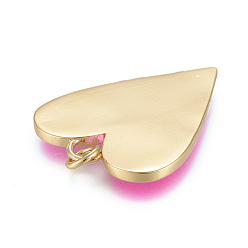 Pink Brass Enamel Pendants, Real 18K Gold Plated, Long-Lasting Plated, Heart, Pink, 27x22x2mm, Hole: 3mm, jump rings: 5x1mm