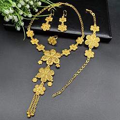 Цветок Комплекты из латунных браслетов, серег, ожерелий и колец, золотые, цветок, ожерелья: 17.72 дюйм(450мм); браслеты: 210мм; серьги: 4x2мм; кольца: регулируемые