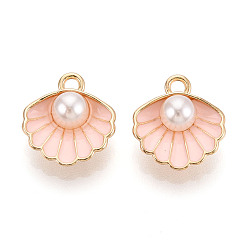 Розовый Подвески из сплава , с абс пластиком имитация жемчуга и эмали, ракушка с жемчугом, золотой свет, туманная роза, 16x15x7 мм, отверстие : 1.5 мм
