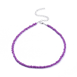 Фиолетовый Стекла семян бисера ожерелья, с застежками из когтя лобстера и железным сплавом, фиолетовые, 14.9 дюйм (38 см)