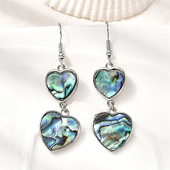 Сердце Серьги-подвески из натуральной латунной раковины морского ушка, долговечный, стойки покрытие, платина, сердце, 54x17 мм