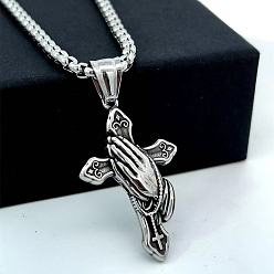 Нержавеющая Сталь Цвет Греческий ретро-стиль 304 ожерелье из нержавеющей стали с крестом и молитвенной рукой для мужчин, цвет нержавеющей стали