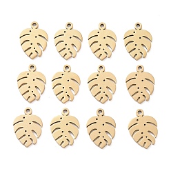 Golden Ion Plating(IP) 304 Stainless Steel Charms, Tropical Leaf Charms, Monstera Leaf, Golden, 13x9x1mm, Hole: 1mm