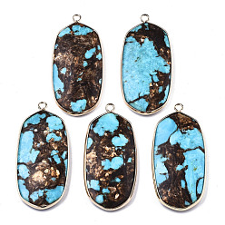 Deep Sky Blue Assembled Natural Bronzite and Synthetic Turquoise Pendants, with Light Gold Plated Brass Edge and Loop, Oval, Deep Sky Blue, 49.5x23x5mm, Hole: 2mm