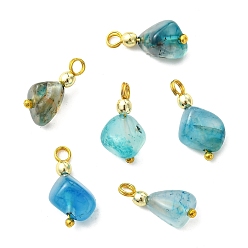 Темно-Голубой Подвески из натурального агата (окрашенного и подвергнутого термической обработке), обработанного методом галтовки., самородки прелести, с синтетической немагнитной гематитовой бусиной, нанесенной методом гальванического покрытия, и латунными петлями., золотые, глубокое синее небо, 17~18x7~10x7~9.5 мм, отверстие : 2 мм