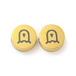 Другие Тема хеллоуина 304 бусины из нержавеющей стали, реальный 18 k позолоченный, плоско-круглые, надгробная плита, 8x3 мм, отверстие : 2 мм