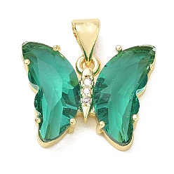 Green Brass Micro Pave Clear Cubic Zirconia Pendants, with Glass, Butterfly Charms, Lead Free & Cadmium Free, Long-Lasting Plated, Rack Plating, Real 18K Gold Plated, Green, 15x19x5mm, Hole: 5x3.5mm