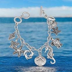 Античное Серебро Браслеты с подвесками из сплава Ocaen, браслеты-цепочки для женщин, форма ракушки, морская звезда, черепаха, дельфин и морской конёк, античное серебро, 7-5/8 дюйм (19.5 см)