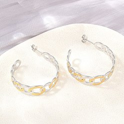 Golden & Stainless Steel Color 304 Stainless Steel Oval Stud Earrings for Women, Half Hoop Earrings, Ion Plating(IP), Golden & Stainless Steel Color, 34x10mm