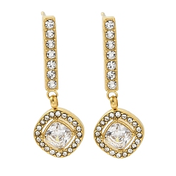 Золотой Женские серьги-гвоздики из нержавеющей стали с ионным покрытием (IP) и инкрустацией стразами и прозрачным кубическим цирконием, ромб, золотые, 30x10.5 мм