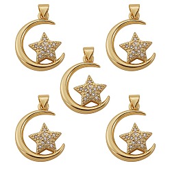 Real 16K Gold Plated 5Pcs Brass Micro Pave clear Cubic Zirconia Pendants, Nickel free, Moon with Star, Real 16K Gold Plated, 23x17x4mm, Hole: 3x5mm
