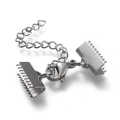 Нержавеющая Сталь Цвет Устойчив к потускнению 304 удлинитель цепи из нержавеющей стали, с застежками-клешнями и обжимными лентами, цвет нержавеющей стали, 32 мм длиной, удлинитель цепи: 53 мм, Лента заканчивается: 9x10.5 mm