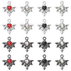 Mixed Color 16Pcs 8 Colors Alloy Rhinestone Pendants, Heart with Wing Charms, Mixed Color, 17x15x3.5mm, Hole: 1.6mm, 2pcs/color