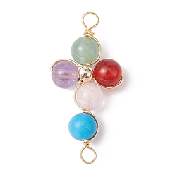 Mixed Stone Mixed Gemstone Connector Charms, Eco-Friendly Light Gold Plated Copper Wire Wrapped Cross Links, 34x17x8mm, Hole: 3mm