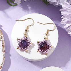 Фиолетовый Серьги-подвески из натурального тигрового глаза, с 304 крючками для сережек из нержавеющей стали и стеклянной бусиной, золотые, фиолетовые, 36x17.5 мм