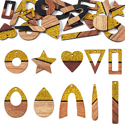 Gold 20Pcs 10 Styles Opaque Resin & Walnut Wood Pendants, with Glitter Powder, Mixed Shapes, Gold, 24~51.5x7.5~19x3~4mm, Hole: 1.5~2mm, 2pcs/style