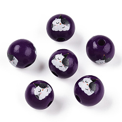 Cat Shape Тема Хэллоуина деревянные европейские бусы, печатные бусины с большими отверстиями, круглые, индиговые, форма кошки, 15.5~16.5 мм, отверстие : 3.5~4.5 мм