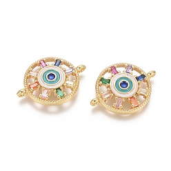 Golden Brass Micro Pave Cubic Zirconia Links Connectors, Cadmium Free & Lead Free, with Enamel, Flat Round with Evil Eye, Colorful, Golden, 17x23x3.5mm, Hole: 1.2mm