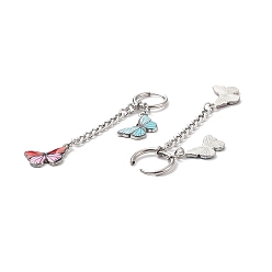 Mixed Color Alloy Enamel Butterfly Dangle Hoop Earrings, 202 Stainless Steel Long Chain Tassel Drop Earrings with 316 Surgical Stainless Steel Pins for Women, Mixed Color, 75mm, Pin: 1mm