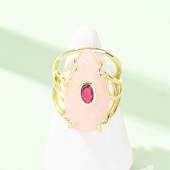 Rose Quartz Natural Rose Quartz Cuff Rings, Teardrop, Brass Pave Cubic Zirconia Cuff Open Rings, Faceted, Golden, 26.5mm, Inner Diameter: 18mm