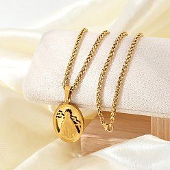 Настоящее золото 18K 201 ожерелья из нержавеющей стали с подвеской в виде Девы Марии и цепочкой из пшеницы для мужчин, реальный 18 k позолоченный, 23.62 дюйм (60 см), Кулон : 34x22 мм