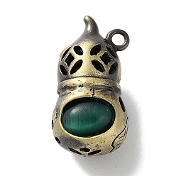 Green Brass Pendants, with Cat Eye, Cadmium Free & Lead Free, Gourd, Green, 23x12.5x11.5mm, Hole: 1.8mm