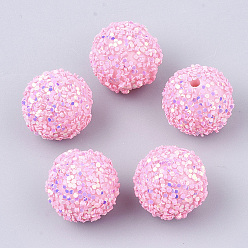 Pearl Pink Acrylic Beads, Glitter Beads,with Sequins/Paillette, Round, Pearl Pink, 19.5~20x19mm, Hole: 2.5mm