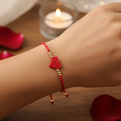 Golden Adjustable Handmade Heart Adjustable Nylon Red String Bracelets with Brass Beads, Golden, 11.02 inch(28cm)