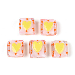 Розовый Ручной спрей окрашены бусины бисера, Эмаль стиле, квадрат и сердце, туманная роза, 15~16.5x14.5~15.5x7~9.5 мм, отверстие : 1.2~1.6 мм