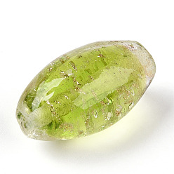 Желто-Зеленый Светящиеся бусины лэмпворк из золота и песка ручной работы, светится в темноте, овальные, желто-зеленый, 21~24.5x11~12.5 мм, отверстие : 1.2~2.5 мм