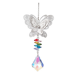 Бабочка Латунные полые подвесные украшения, Цепь из нержавеющей стали и кисточка из стеклянного листа для украшения дома и сада на открытом воздухе, бабочка, 250x50.5 мм