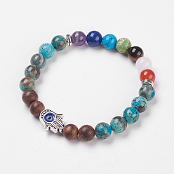 Natürliche Achat Chakra-Schmuck, Natürliche Ocean Jasper Stretch Armbänder, mit natürlichem & synthetischem Mischstein und Sandelholz, böser Blick Lampwork und Legierungsergebnisse, Hamsa Hand, Sackleinenverpackung, 2 Zoll (5.2 cm)