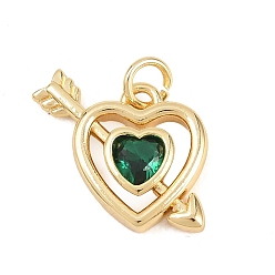 Настоящее золото 18K Латунный кулон с микропаве из циркония, без кадмия и без свинца, сердце со стрелами, реальный 18 k позолоченный, 14x17.5x3.5 мм, отверстие : 3.5 мм