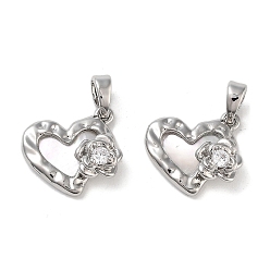 Платина Латунные микропаве прозрачные кубические циркониевые подвески, без кадмия, без никеля и без свинца, с оболочкой, Сердце со цветками , платина, 12.5x13.5x5.5 мм, отверстие : 4.5 мм