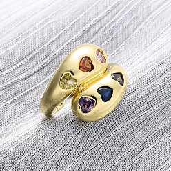 Настоящее золото 18K Регулируемые манжеты-кольца из латуни с микропаве из кубического циркония для женщин, без кадмия и без свинца, сердце, реальный 18 k позолоченный, 17 мм