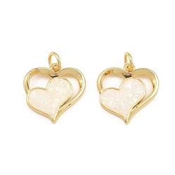 White Brass & Synthetic Opal Pendants, Heart Charms, Long-Lasting Plated, Lead Free & Cadmium Free, Rack Plating, Real 18K Gold Plated, White, 15.5x15x2mm, Hole: 3mm