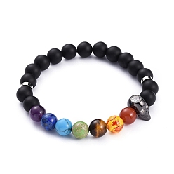 Lavastein Chakra-Schmuck, Stretch-Armbänder aus natürlichem Lavastein, mit Edelsteinperlen, Schädel Messing Micro Pave Zirkonia Perlen und Messing Spacer Perlen, Innendurchmesser: 2-1/8 Zoll (5.3 cm)