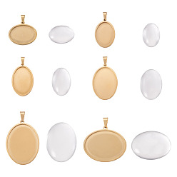 Oval 6Pcs 6 Styles 304 Stainless Steel Pendant Cabochon Settings, with 6Pcs 6 Styles Transparent Clear Glass Square Cabochons, Golden, Oval, 30.5x20.5x2.1mm