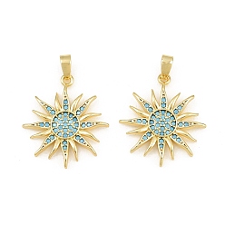 Real 18K Gold Plated Brass Micro Pave Sky Blue Cubic Zirconia Pendants, Sun Charms, Real 18K Gold Plated, 22.5x20x2.5mm, Hole: 4x2.5mm