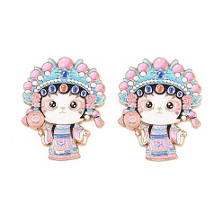 Pink Peking Opera Cat Alloy Enamel Cabochons, with Self Adhesive Sticker, Light Gold, Pink, 30x23x1.5mm