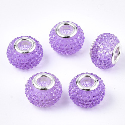 Plum Resin Rhinestone European Beads, Large Hole Beads, with Platinum Tone Brass Double Cores, Rondelle, Berry Beads, Lilac, 14x10mm, Hole: 5mm