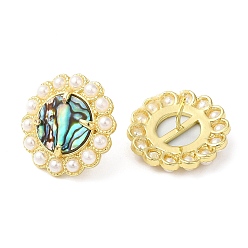 Colorful Ion Plating(IP) Natural Shell Flower Stud Earrings with Plastic Pearl Beaded, Real 14K Gold Plated Brass Jewelry, Colorful, 17.5mm