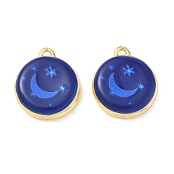 Dark Blue Printed Brass Pendants, Flat Round with Moon Charms, Rack Plating, Long-Lasting Plated, Lead Free & Cadmium Free, Real 18K Gold Plated, Dark Blue, 20x17.5x5mm, Hole: 2.5x1.5mm