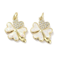 Белый Латунные микропаве прозрачные подвески с фианитом, без кадмия и без свинца, с синтетическим опалом и кольцами-прыгунами, реальный 18 k позолоченный, клевер амулеты, белые, 17.5x14.5x2.5 мм, отверстие : 3 мм