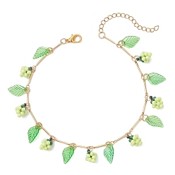 Бледно-Зеленый Браслеты на ногу из латуни с кисточками из акриловых листьев и стеклянных бусин в виде винограда для женщин, золотые, бледно-зеленый, 9-1/2 дюйм (241 мм)