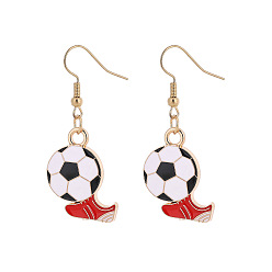 FireBrick Alloy Enamel Football Dangle Earrings for Women, with Iron Findings, Golden, FireBrick, 40mm