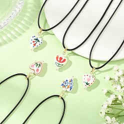 Color mezclado Colgante de corazón de porcelana estampada con cordón encerado negro para mujer, dorado, color mezclado, 17.32 pulgada (44 cm)
